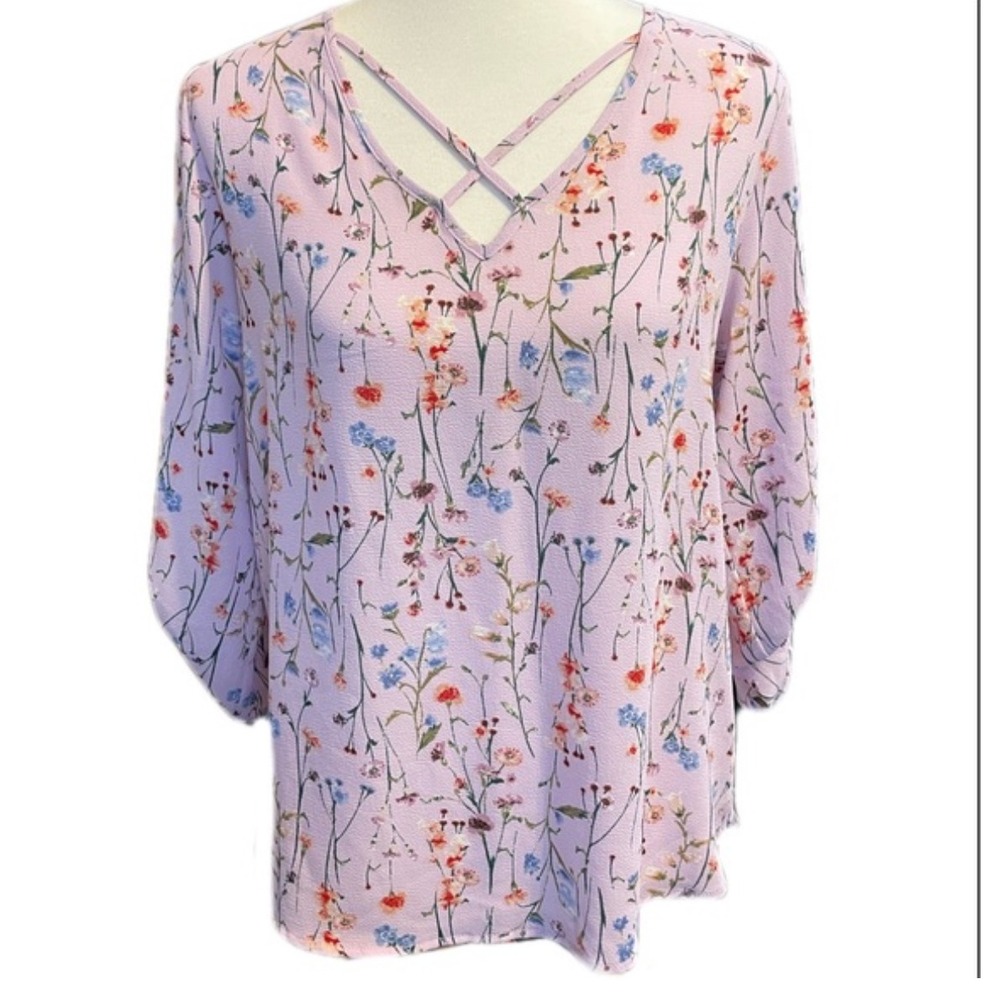 Pink Republic Floral Blouse Womens L Lavender Roll Tab Sleeve Cottagecore Boho‎